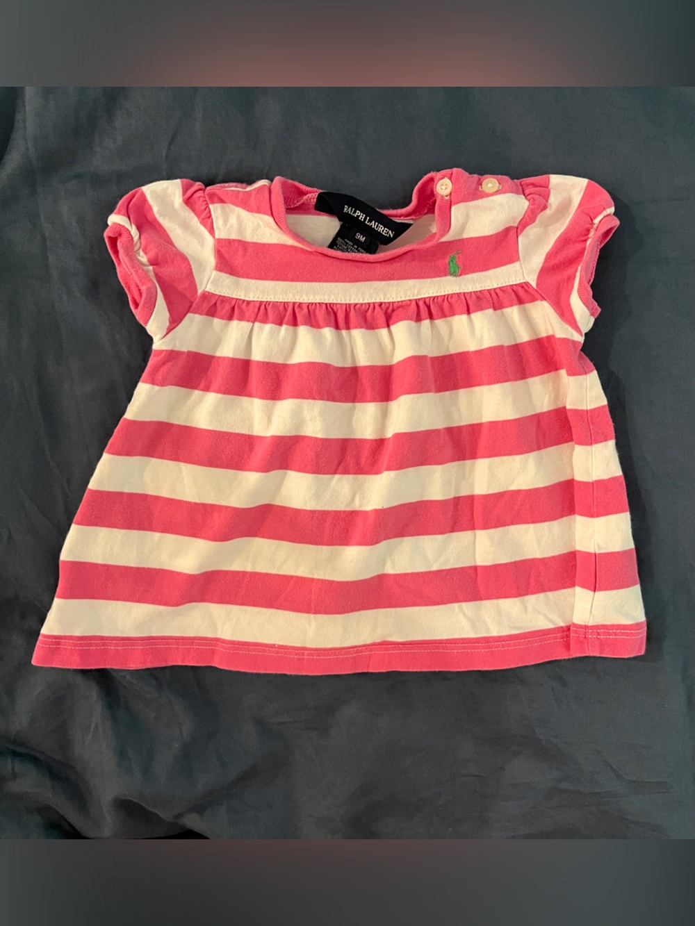 Ralph Lauren Cotton Pink and White Striped Baby Girl Dress Tee 9M Puff Sleeve